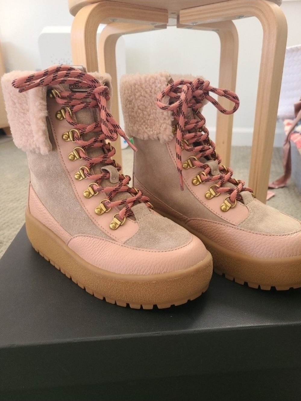 COACH Pink Shearling Winter Boots 5.5